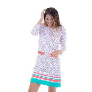 Cabana Life Shift Dress Pockets Womens S Orange Torquise All Over Print Pockets